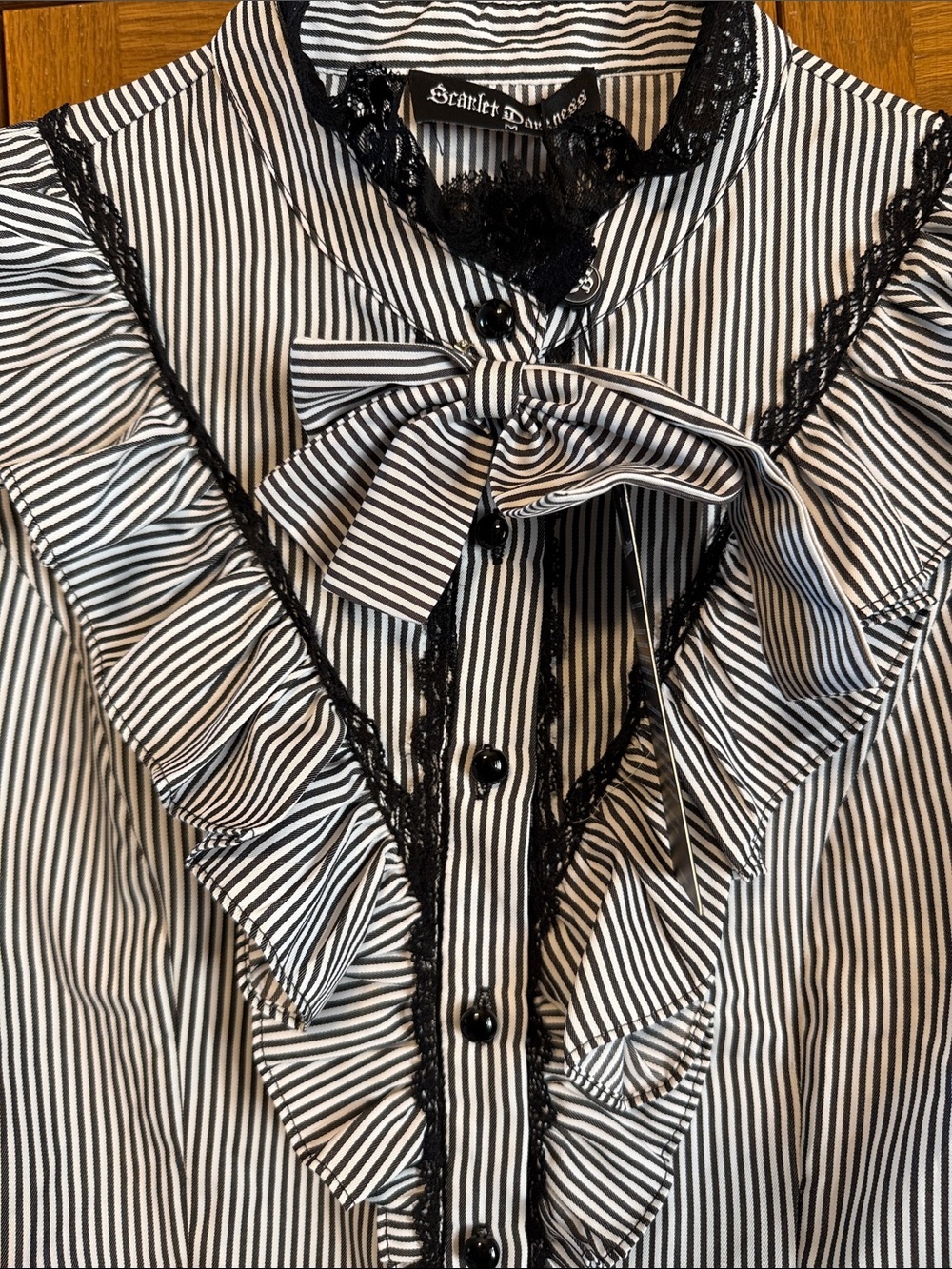Victorian-Inspired Black & White Stripe Ruffle Button-Down Blouse- Medium-NWT - Picture 6 of 16